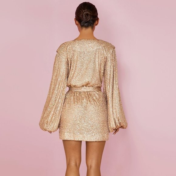 Gold Sequence Long Sleeve Tie Waist Mini Dress - Picture 2 of 6